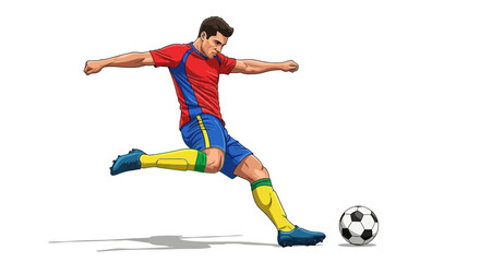 Dynamic athlete powerfully kicks soccer ball capturing the thrill of the game in a bold athletic pose