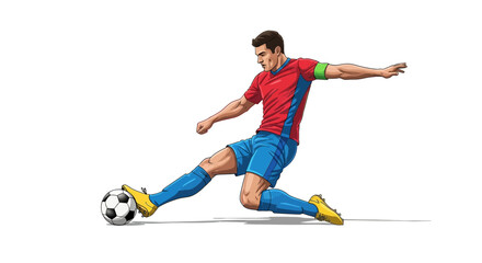 Dynamic soccer player in action, mid-kick with intense focus, capturing the thrill of the game