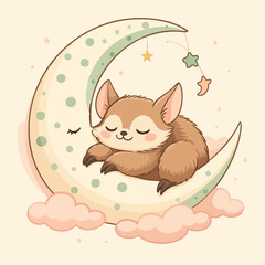 Adorable Baby Fox Sleeping on Crescent Moon – Cute Nursery Illustration