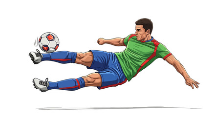 Dynamic soccer player in mid-air executing a powerful kick, capturing athletic skill and intense competition