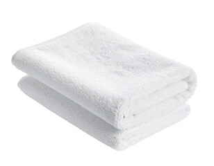 A stack of folded white towels, a simple household item, isolated on a white background.