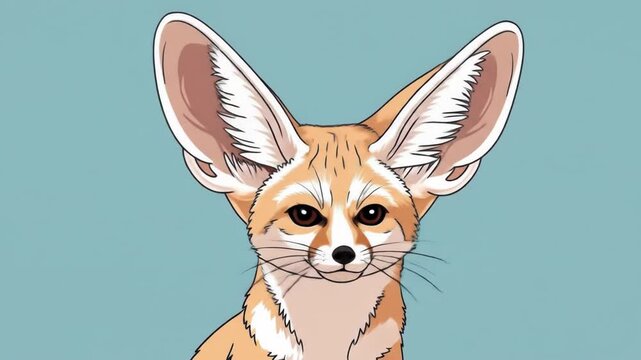 Fennec fox portrait with large ears against a plain blue background