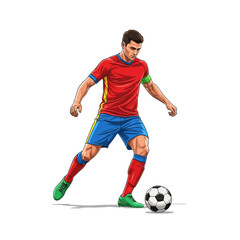 Dynamic soccer player skillfully dribbling a ball, showcasing athletic prowess and competitive spirit on a clean white background.