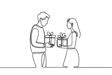 Couple exchanging gifts with continuous line drawing style