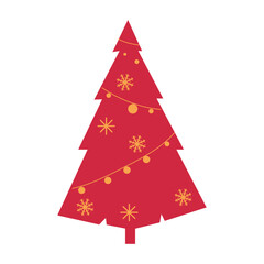 Red Christmas tree decorated with ornaments and snowflakes, great for holiday cards, festive winter backgrounds, seasonal celebration themes, and Christmas artwork