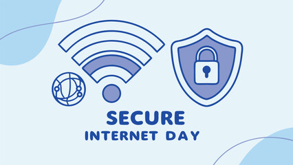 Secure Internet Day:  A stylized illustration featuring a wifi symbol, a global network, and a protective shield with a padlock, conveying online safety and digital security in a calming blue palette.