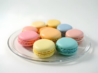 Obraz premium Assorted Macaron Bites: A selection of colorful macarons arranged elegantly on a glass plate.