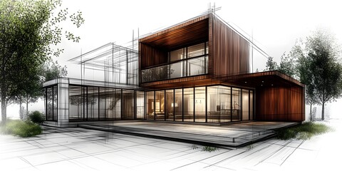 Sketch design of modern house becoming real.