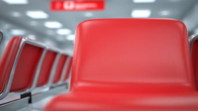 Rows of empty red airport seats waiting passengers with blurred terminal background.