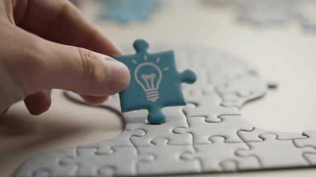 Hand Holding a Puzzle Piece with a Lightbulb Idea Icon.