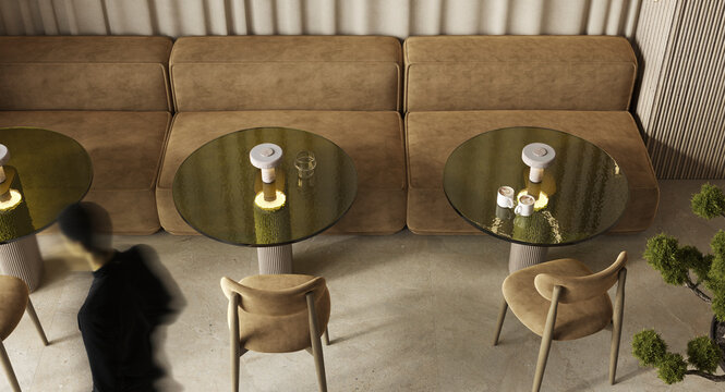 Stylish beige cafe interior with empty tables and chairs