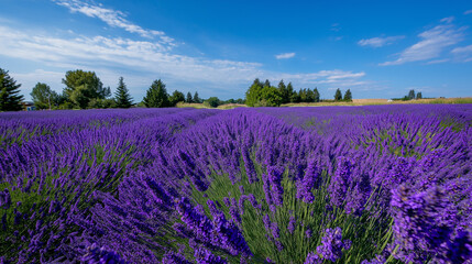 A vast field of purple lavender stretching as far as the eye can see, contrasting with a bright blue sky. A few bees are visible, buzzing among the flowers.