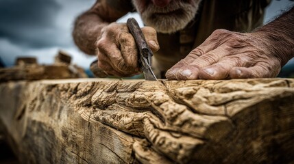 Obraz premium Close-up of aged hands meticulously shaping aged wood.