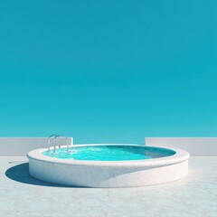 Round white pool against bright blue sky