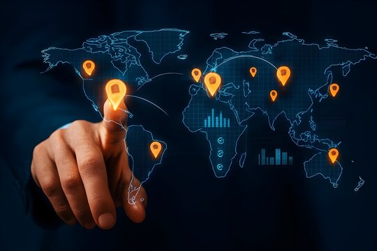 Global business expansion concept with a person touching a world map with location icons, representing international reach and network connections