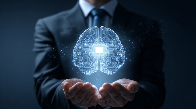 Futuristic digital illustration of four glowing lightbulbs with brains inside, surrounded by binary code in a dark blue space, symbolizing AI, neural activity, creativity, and advanced technology.