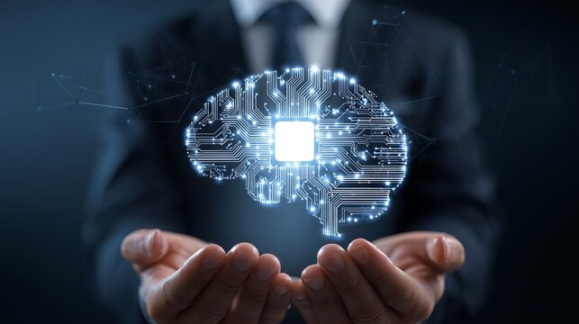 Futuristic digital illustration of four glowing lightbulbs with brains inside, surrounded by binary code in a dark blue space, symbolizing AI, neural activity, creativity, and advanced technology.