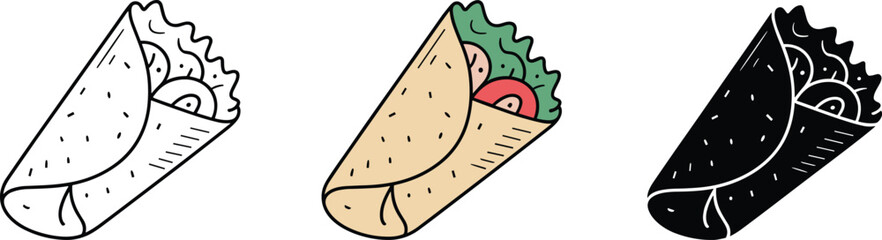 Delicious burrito wrap vector illustration, fast food design with tortilla, vegetables, tomato, lettuce, line art, colored, black silhouette, Mexican cuisine concept