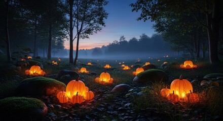 Glowing pumpkins illuminate a mystical forest scene at dusk, creating a magical Halloween atmosphere