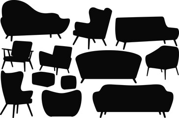 Modern furniture vector silhouettes, sofa and chair icons, home interior design elements, couch and armchair illustration, living room decoration graphic set