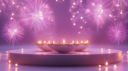 Banner design for diwali festival and podium,Diwali light decoration candle with fireworks,Stage,Product display Showcase design sparkle background,Deepavali,Dipavali,3D podium illustration.