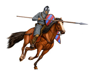 Mounted Norman warrior charging. Battle of Hastings. Illustration featuring a medieval knight.