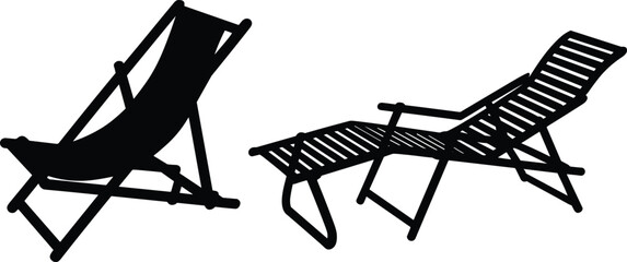 Fototapeta premium Silhouette vector of beach deck chair and lounge chair, outdoor summer furniture illustration, relaxing sunbed design for vacation, resort, poolside, seaside leisure artwork