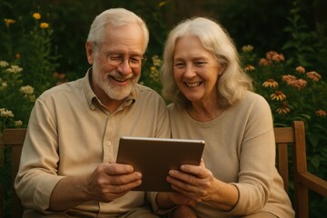 Happy senior couple using digital tablet together outdoors in garden