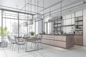 Stylish�kitchen�interior sketch design.