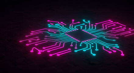 Futuristic 3D rendering of a computer microchip with glowing pink and cyan circuits, illustrating the concept of digital data processing and advanced technology