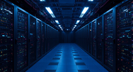 Fototapeta premium Futuristic data center corridor with rows of server racks for cloud computing and big data storage