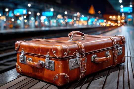 Vintage Suitcase on Train Station Bench at Night