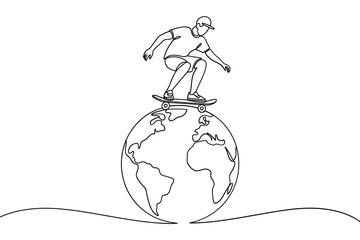 Skateboarder balances on a globe in a continuous line drawing