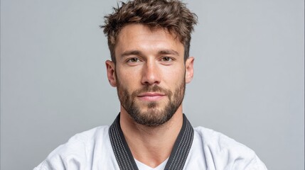 A confident martial arts practitioner displays focused determination against a neutral backdrop.