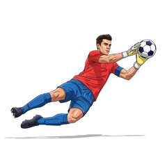 Dynamic soccer goalkeeper makes a dramatic diving save, catching the ball with focused intensity