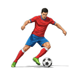 Dynamic soccer player skillfully dribbles ball during intense match action, capturing athletic prowess and competitive spirit on field