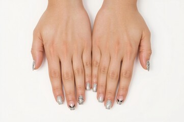 Naklejka premium Woman's hands, silver nails, white background, studio shot, manicure