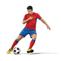 Dynamic soccer player skillfully dribbles ball with intense focus, ready for action on the field.