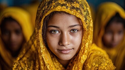 Captivating young girl with striking amber eyes, adorned in a vibrant golden headscarf, exuding quiet confidence and cultural heritage.