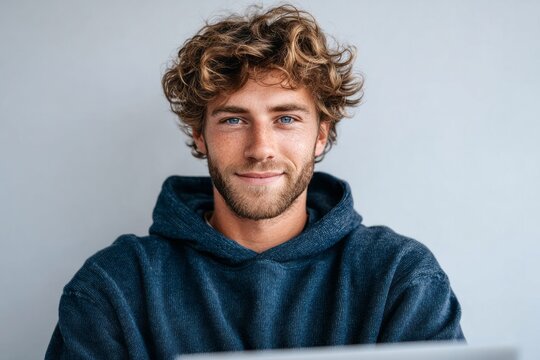 A young man with a warm smile and curly hair, dressed in a navy blue hoodie, looks directly at the camera against a light gray background.