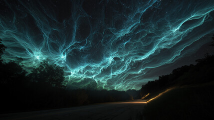 Ethereal neutrino trails painting fractal illuminations across the night sky.