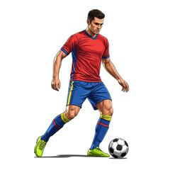 Dynamic soccer player skillfully dribbles ball in vibrant sports uniform, capturing athletic action and competitive spirit