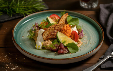 Delectable fresh salad with avocado and juicy tomatoes served in a rustic ceramic bowl on a wooden table