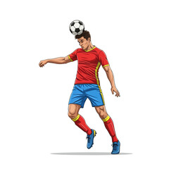 Naklejka premium Dynamic young footballer skillfully balancing ball on head, showcasing athletic prowess and intense focus during a vibrant game