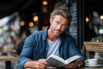 Man reading book at cafe table