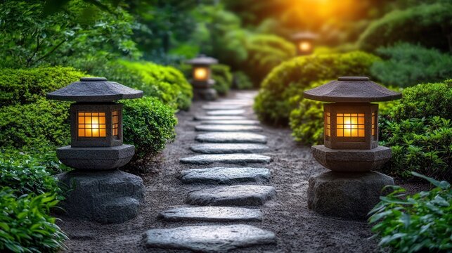 Lit lanterns line stone path in peaceful Asian-inspired garden scene