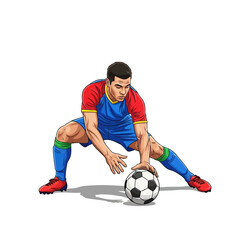 Dynamic soccer player skillfully dribbling ball during intense match action, showcasing athleticism and focus