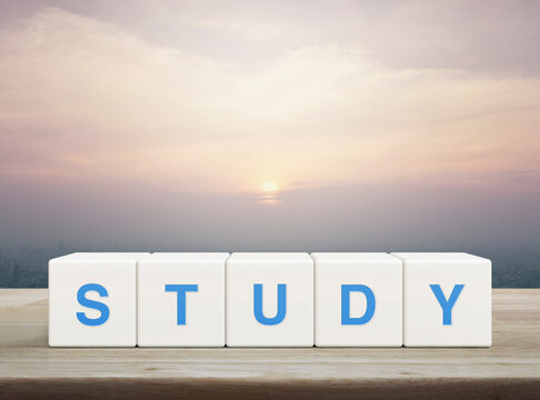 Study letter on white block cubes on wooden table over modern city tower and skyscraper at sunset, vintage style, Business, education and learning concept