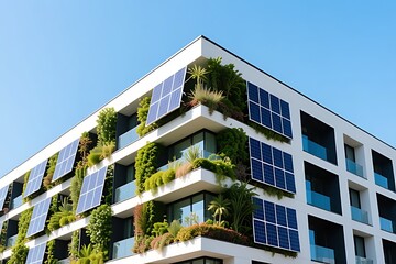 Obraz premium Modern building with a facade covered in plants and solar panels, clear sky in the background