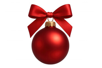 Shiny red christmas ball ornament hanging from a red ribbon bow, isolated on transparent background, perfect for holiday projects